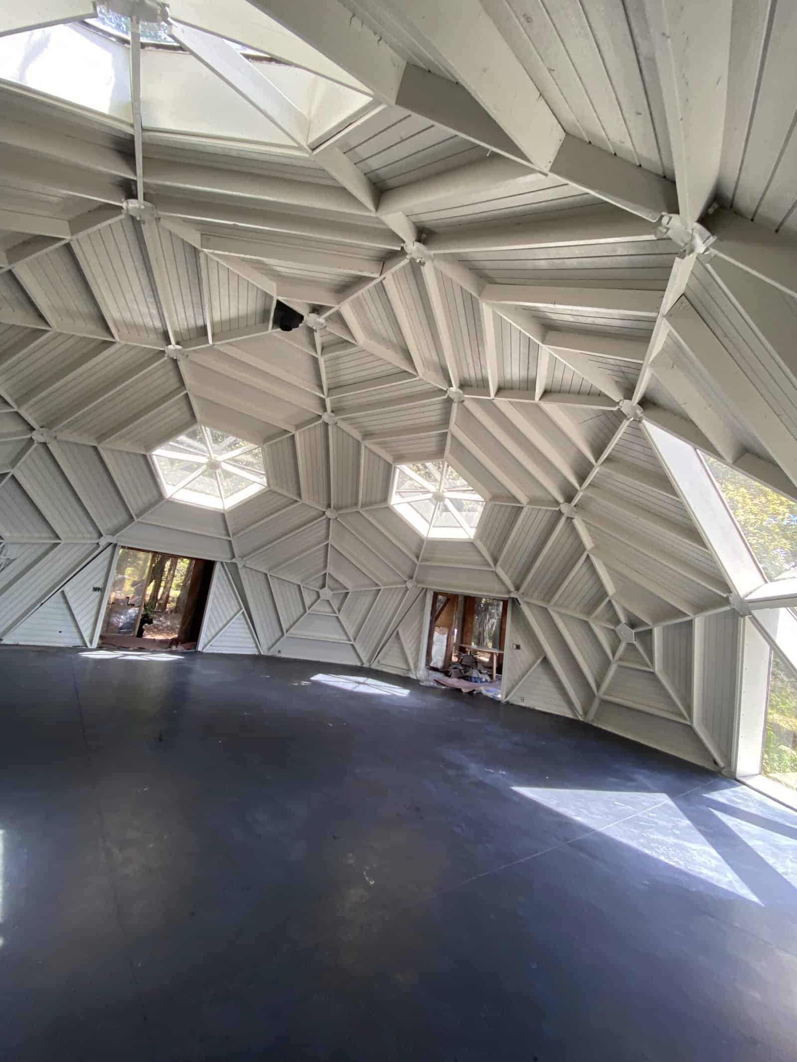 Geodesic dome ceiling with skylights and modern design elements.