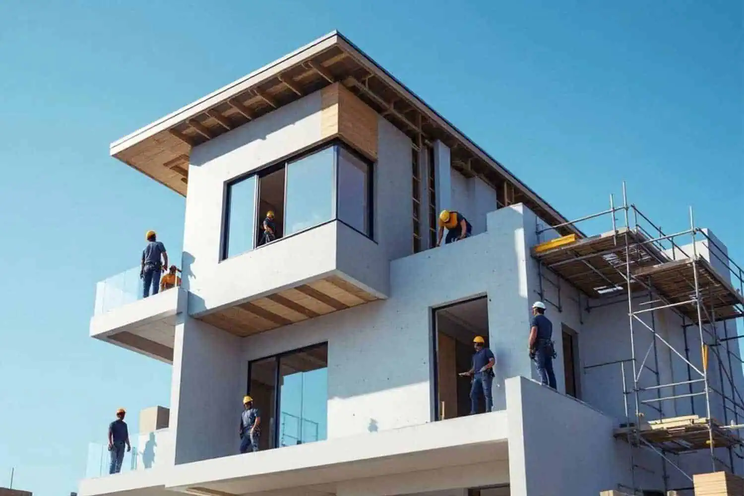 Contemporary house under construction with multiple workers and scaffolding.