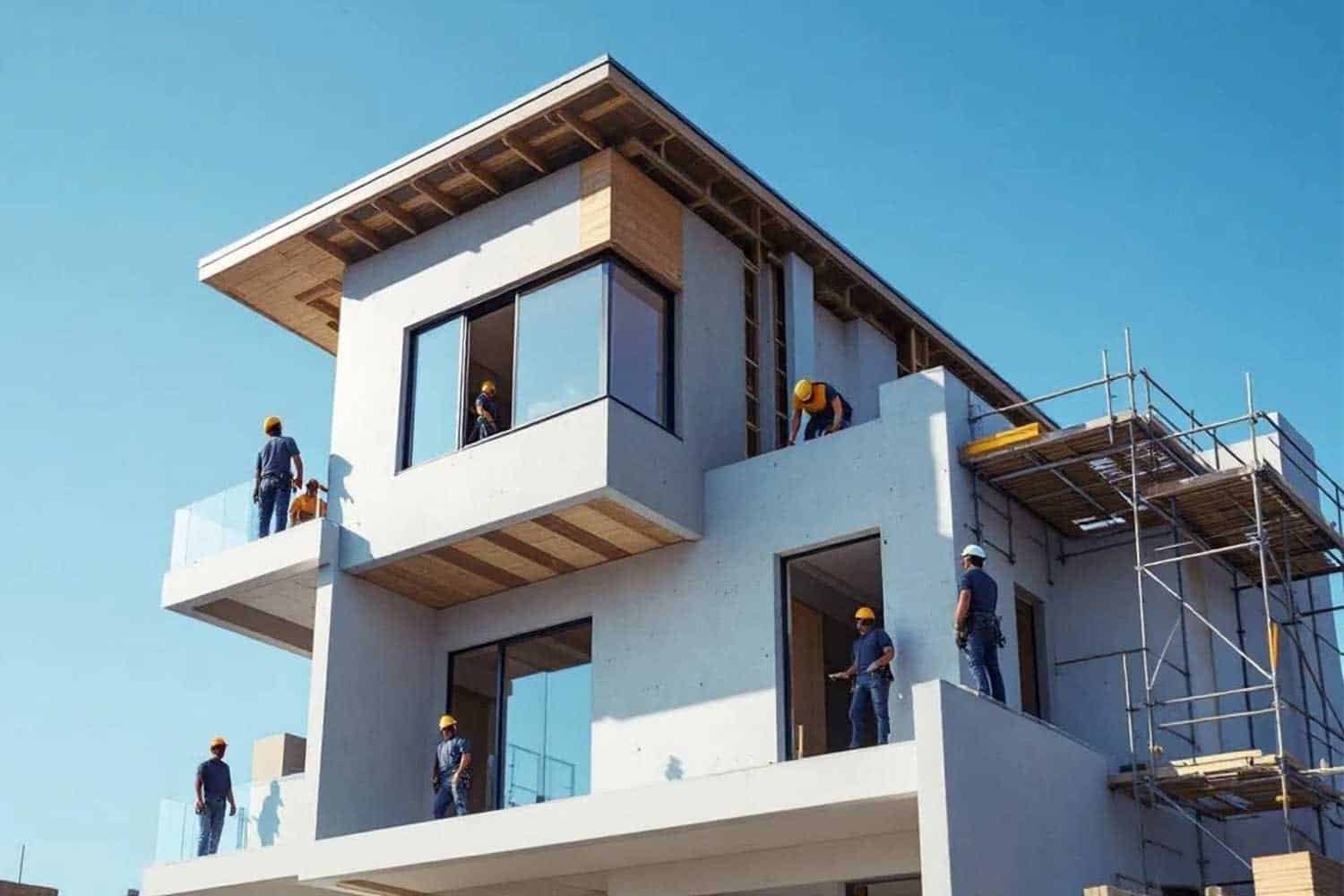 Contemporary house under construction with multiple workers and scaffolding.